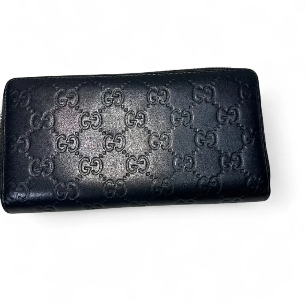 GUCCI Guccissima Leather Zip Around Long Wallet, Black GG Embossed - Picture 7 of 15